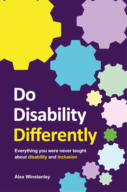 Cover of Do Disability Differently by Alex Winstanley which shows a purple book with muti-coloured cogs